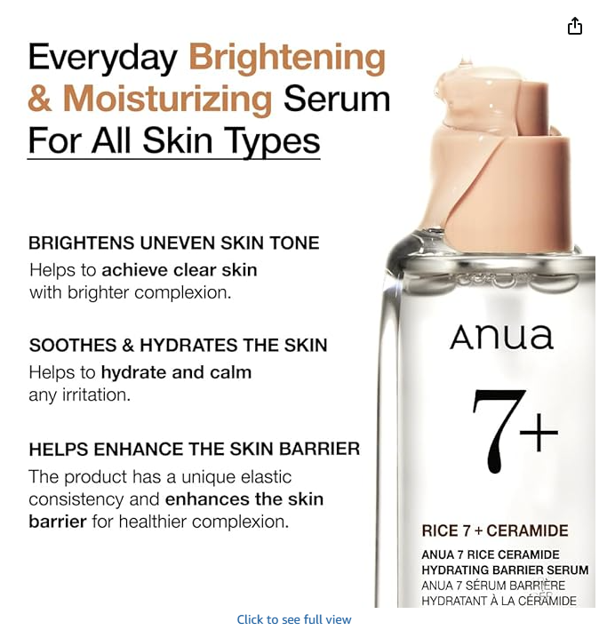 ANUA Rice Ceramide 7 Serum - Brightens, soothes, hydrates and enhances skin barrier