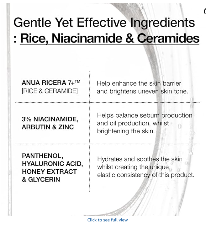 ANUA Rice Ceramide 7 Serum - Ingredients: rice, niacinamide, ceramides, hyaluronic acid